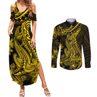 Gold Polynesia Shark Tattoo Couples Matching Summer Maxi Dress and Long Sleeve Button Shirt With Polynesian Plumeria LT14 Gold - Polynesian Pride