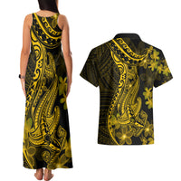 Gold Polynesia Shark Tattoo Couples Matching Tank Maxi Dress and Hawaiian Shirt With Polynesian Plumeria LT14 - Polynesian Pride