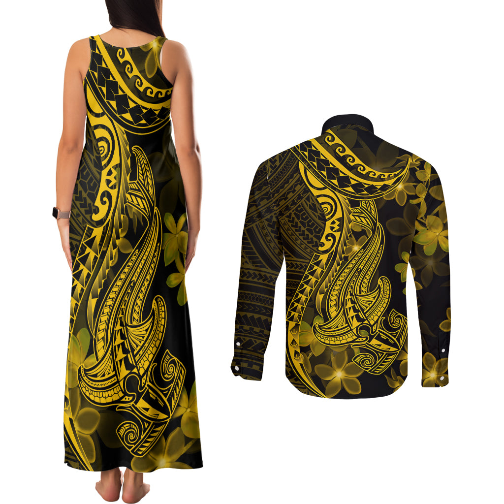Gold Polynesia Shark Tattoo Couples Matching Tank Maxi Dress and Long Sleeve Button Shirt With Polynesian Plumeria LT14 - Polynesian Pride