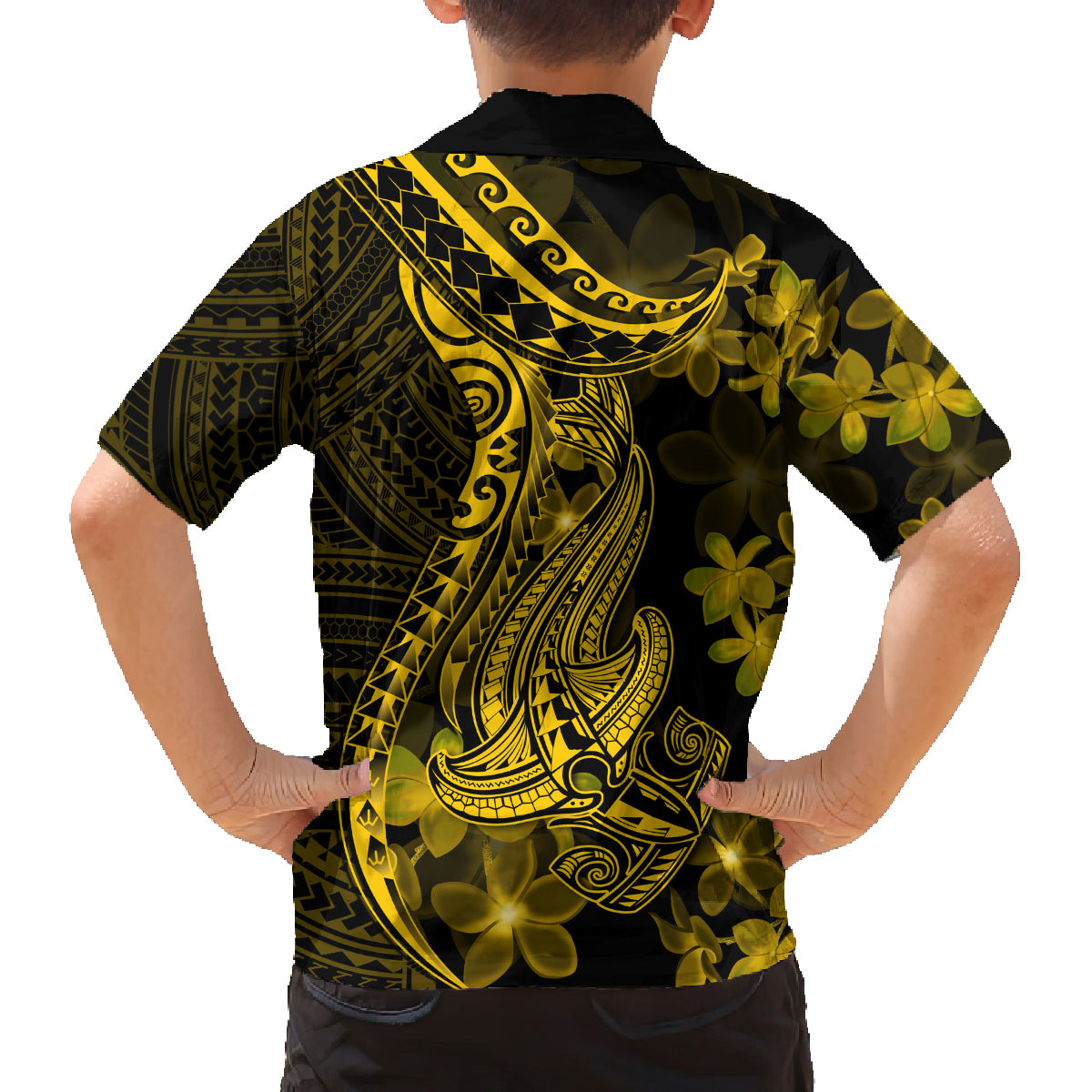 Gold Polynesia Shark Tattoo Family Matching Off Shoulder Long Sleeve Dress and Hawaiian Shirt With Polynesian Plumeria LT14 - Polynesian Pride