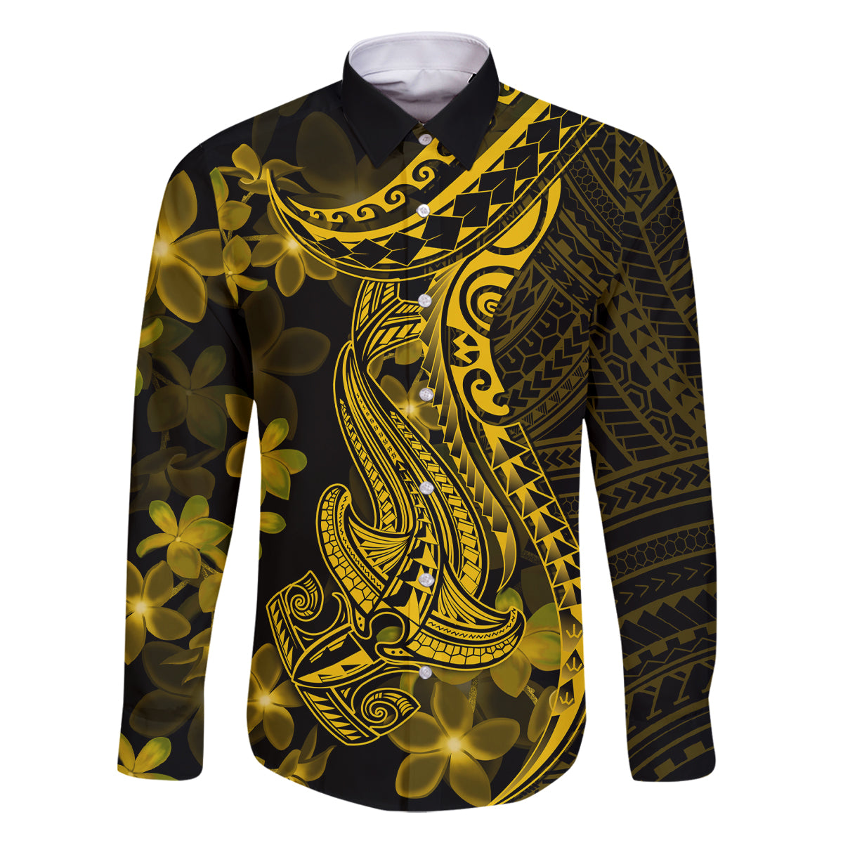 Gold Polynesia Shark Tattoo Family Matching Off Shoulder Maxi Dress and Hawaiian Shirt With Polynesian Plumeria LT14 Dad's Shirt - Long Sleeve Gold - Polynesian Pride