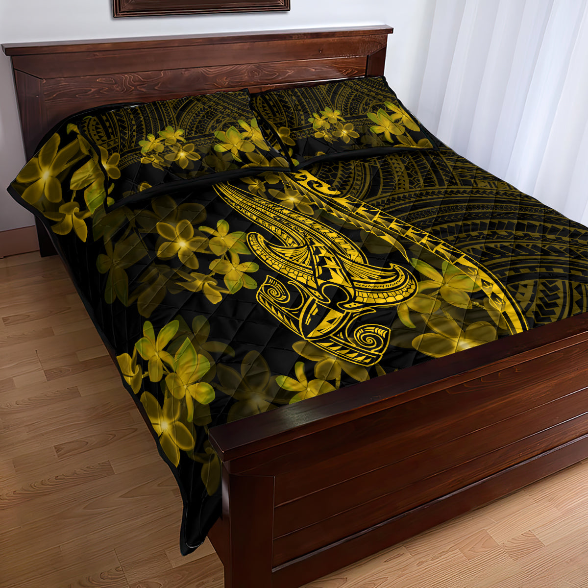 Gold Polynesia Shark Tattoo Quilt Bed Set With Polynesian Plumeria LT14 - Polynesian Pride