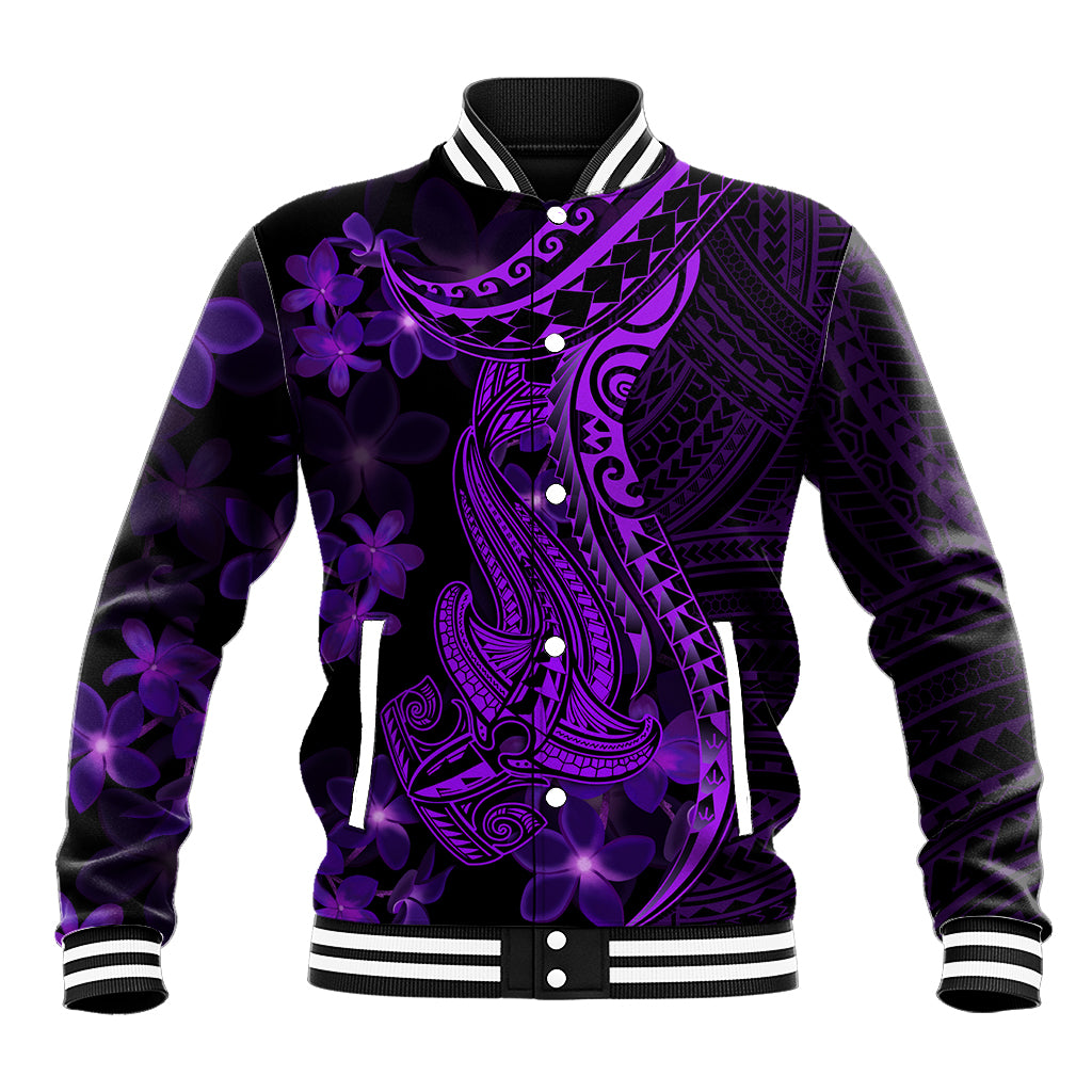 Purple Polynesia Shark Tattoo Baseball Jacket With Polynesian Plumeria LT14 Unisex Purple - Polynesian Pride