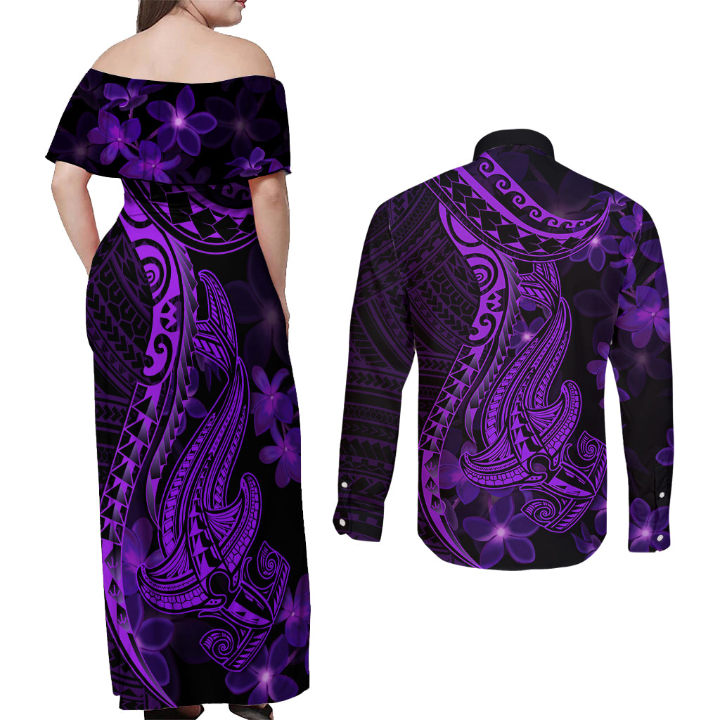 Purple Polynesia Shark Tattoo Couples Matching Off Shoulder Maxi Dress and Long Sleeve Button Shirt With Polynesian Plumeria LT14 - Polynesian Pride