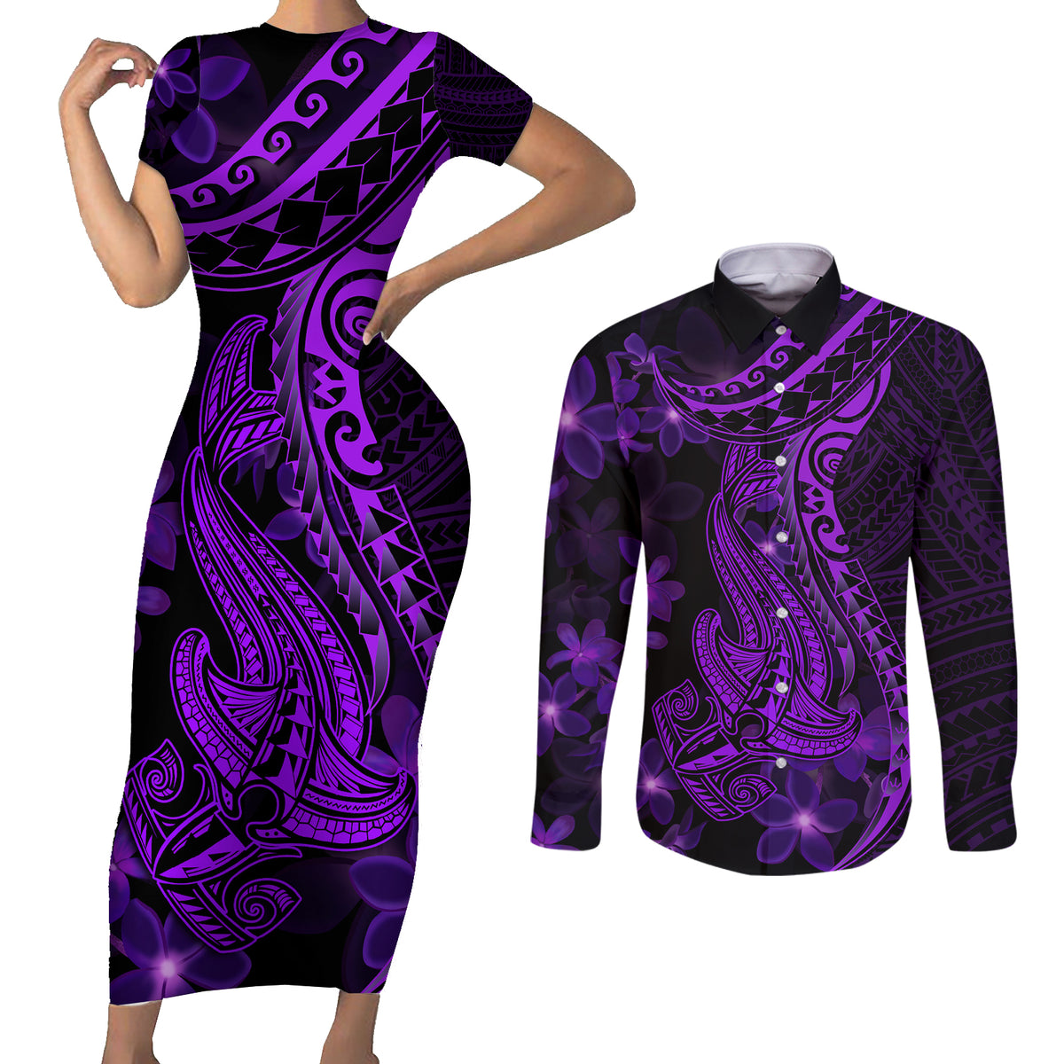Purple Polynesia Shark Tattoo Couples Matching Short Sleeve Bodycon Dress and Long Sleeve Button Shirt With Polynesian Plumeria LT14 Purple - Polynesian Pride