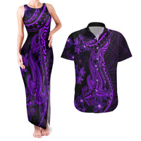 Purple Polynesia Shark Tattoo Couples Matching Tank Maxi Dress and Hawaiian Shirt With Polynesian Plumeria LT14 Purple - Polynesian Pride