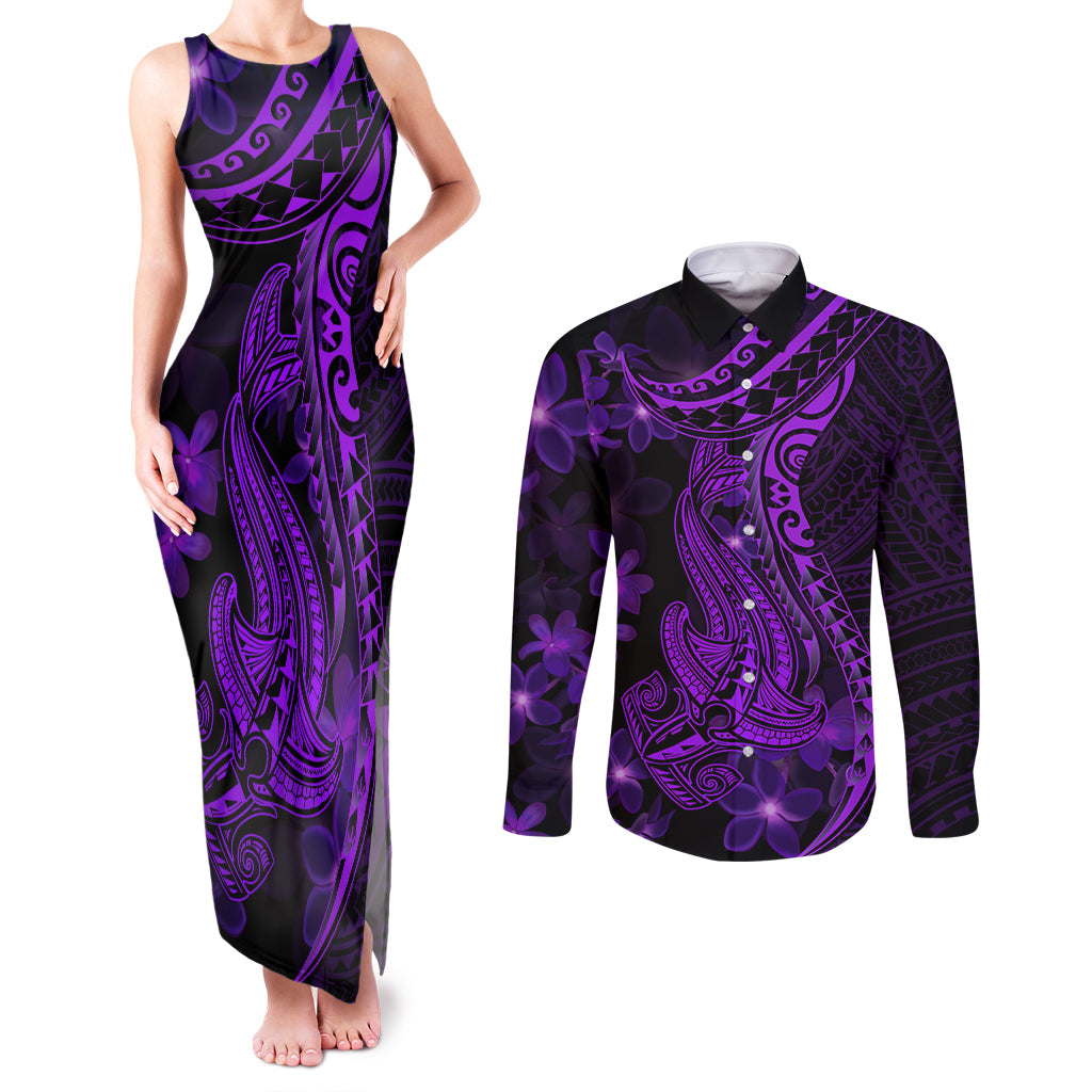 Purple Polynesia Shark Tattoo Couples Matching Tank Maxi Dress and Long Sleeve Button Shirt With Polynesian Plumeria LT14 Purple - Polynesian Pride