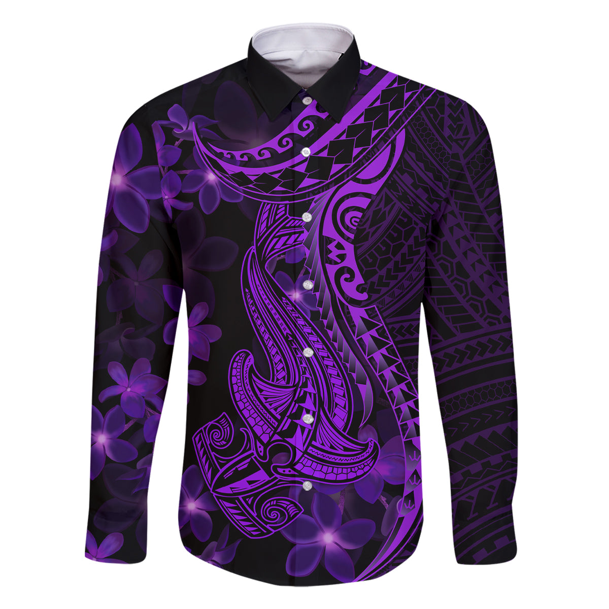 Purple Polynesia Shark Tattoo Family Matching Summer Maxi Dress and Hawaiian Shirt With Polynesian Plumeria LT14 Dad's Shirt - Long Sleeve Purple - Polynesian Pride