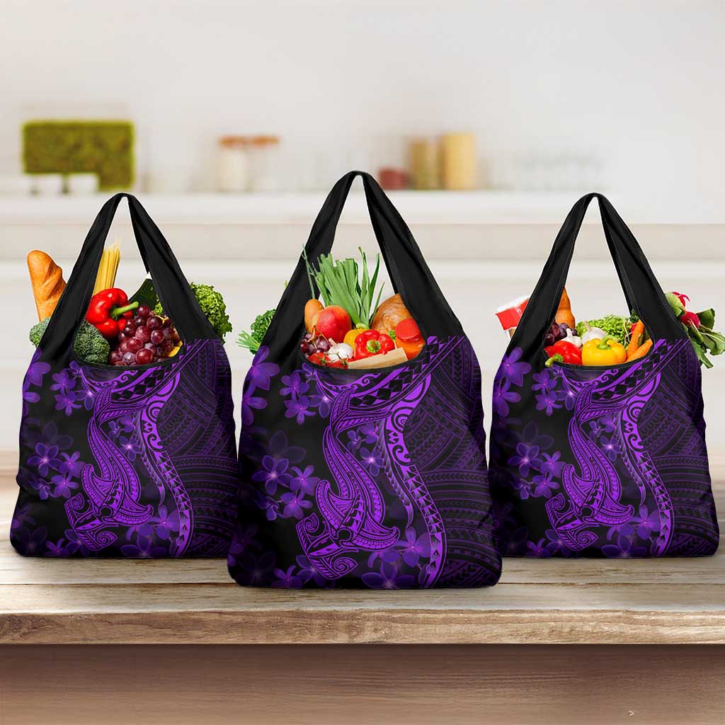 Purple Polynesia Shark Tattoo Grocery Bag With Polynesian Plumeria
