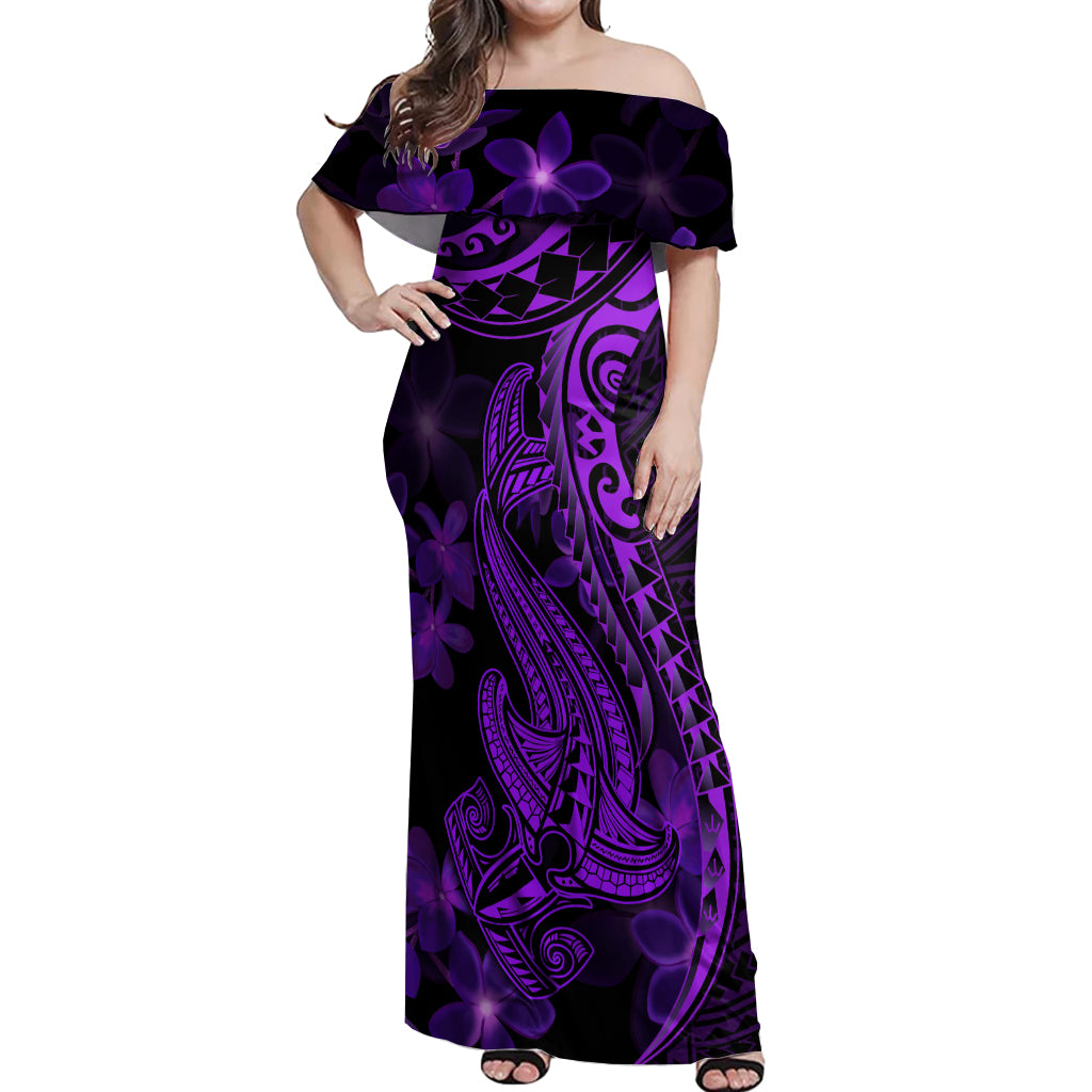 Purple Polynesia Shark Tattoo Off Shoulder Maxi Dress With Polynesian Plumeria LT14 Women Purple - Polynesian Pride