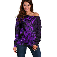 Purple Polynesia Shark Tattoo Off Shoulder Sweater With Polynesian Plumeria LT14 Women Purple - Polynesian Pride
