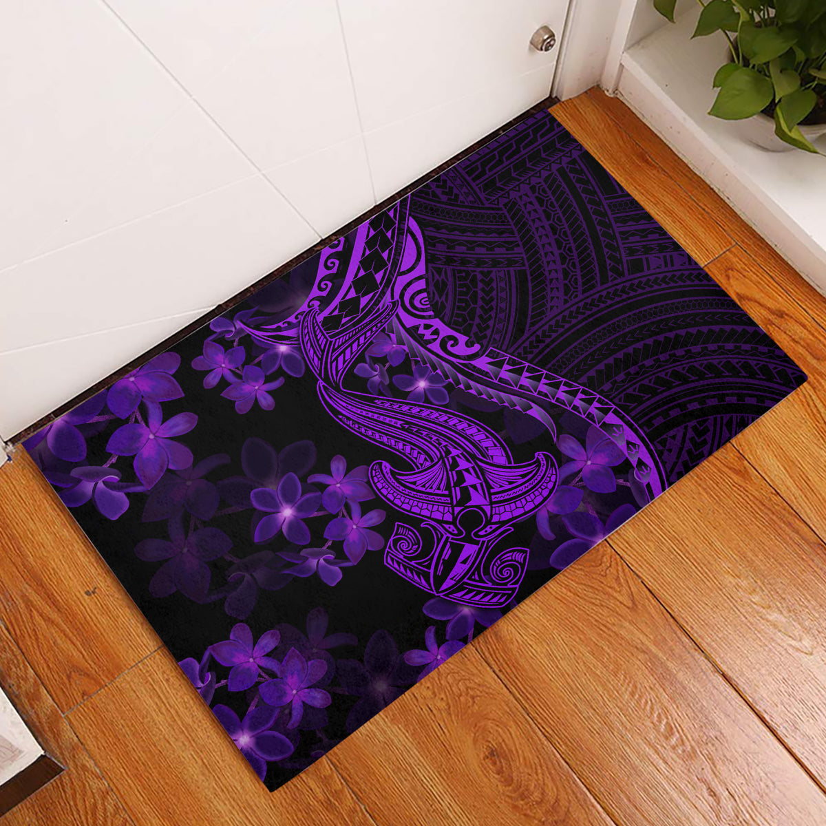 Purple Polynesia Shark Tattoo Rubber Doormat With Polynesian Plumeria LT14 Purple - Polynesian Pride