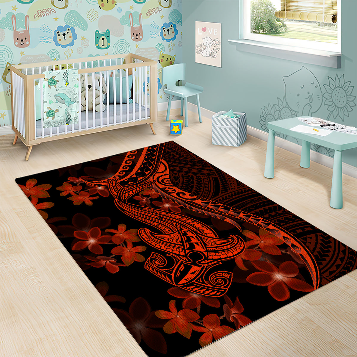 Red Polynesia Area Rug Shark Tattoo With Polynesian Plumeria LT14 - Polynesian Pride