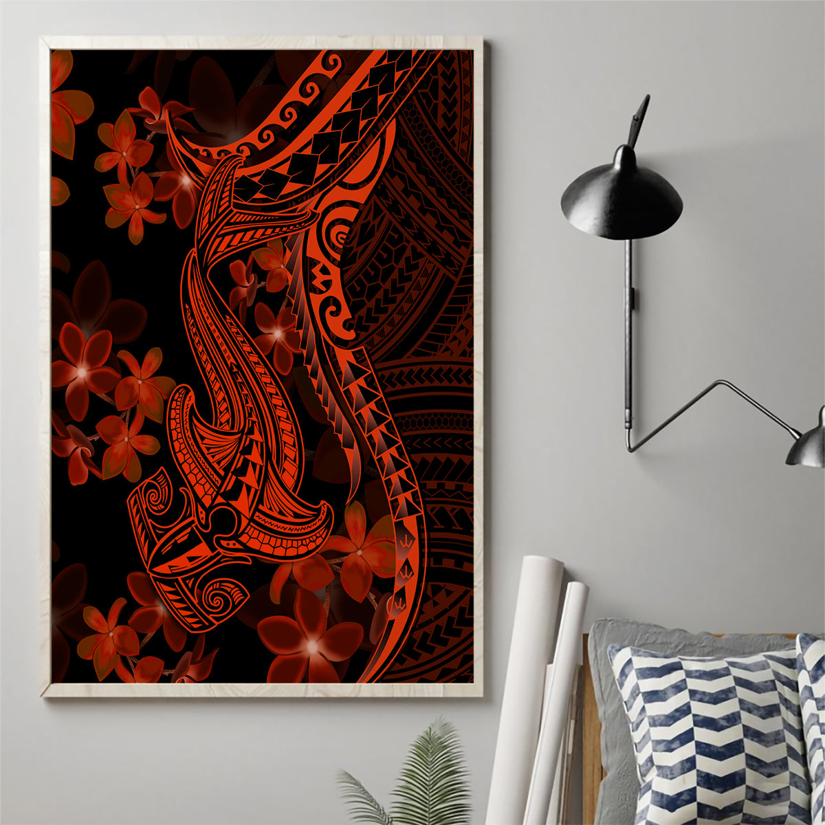 Red Polynesia Canvas Wall Art Shark Tattoo With Polynesian Plumeria LT14 - Polynesian Pride