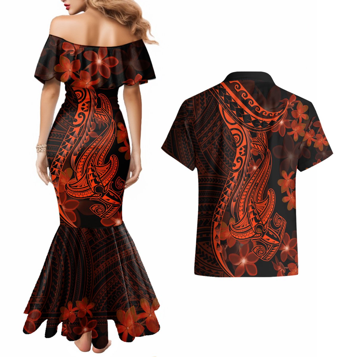 Red Polynesia Couples Matching Mermaid Dress and Hawaiian Shirt Shark Tattoo With Polynesian Plumeria LT14 - Polynesian Pride