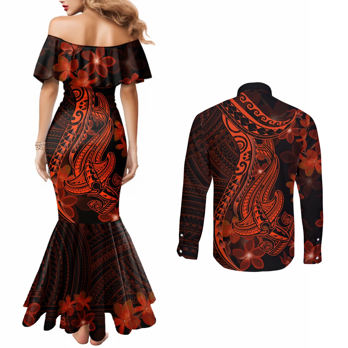 Red Polynesia Couples Matching Mermaid Dress and Long Sleeve Button Shirt Shark Tattoo With Polynesian Plumeria LT14 - Polynesian Pride