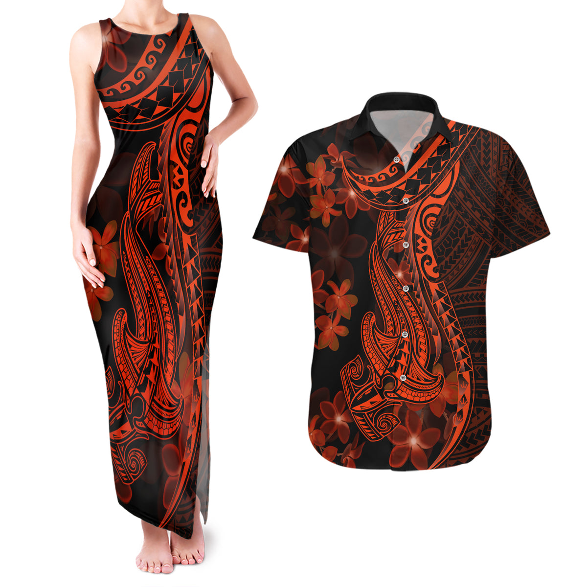 Red Polynesia Couples Matching Tank Maxi Dress and Hawaiian Shirt Shark Tattoo With Polynesian Plumeria LT14 Red - Polynesian Pride