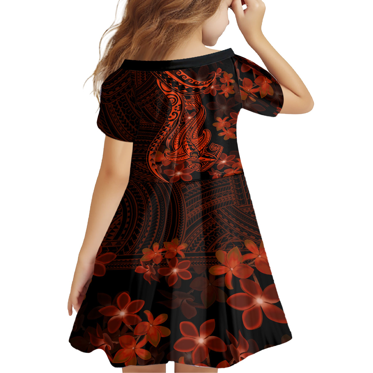 Red Polynesia Kid Short Sleeve Dress Shark Tattoo With Polynesian Plumeria LT14 - Polynesian Pride