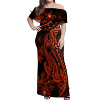 Red Polynesia Off Shoulder Maxi Dress Shark Tattoo With Polynesian Plumeria LT14 Women Red - Polynesian Pride