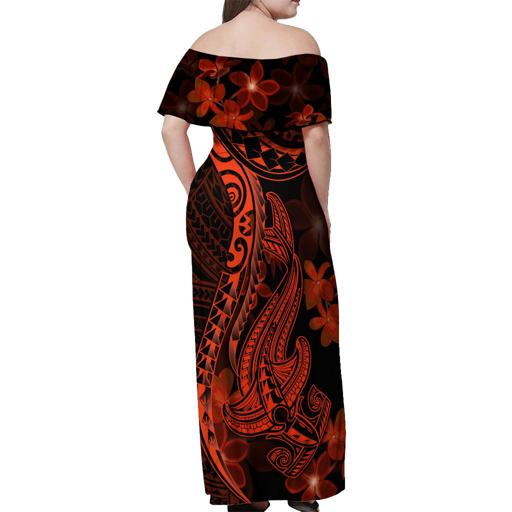Red Polynesia Off Shoulder Maxi Dress Shark Tattoo With Polynesian Plumeria LT14 - Polynesian Pride