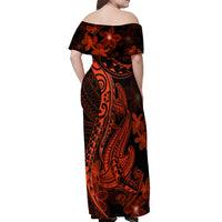 Red Polynesia Off Shoulder Maxi Dress Shark Tattoo With Polynesian Plumeria LT14 - Polynesian Pride