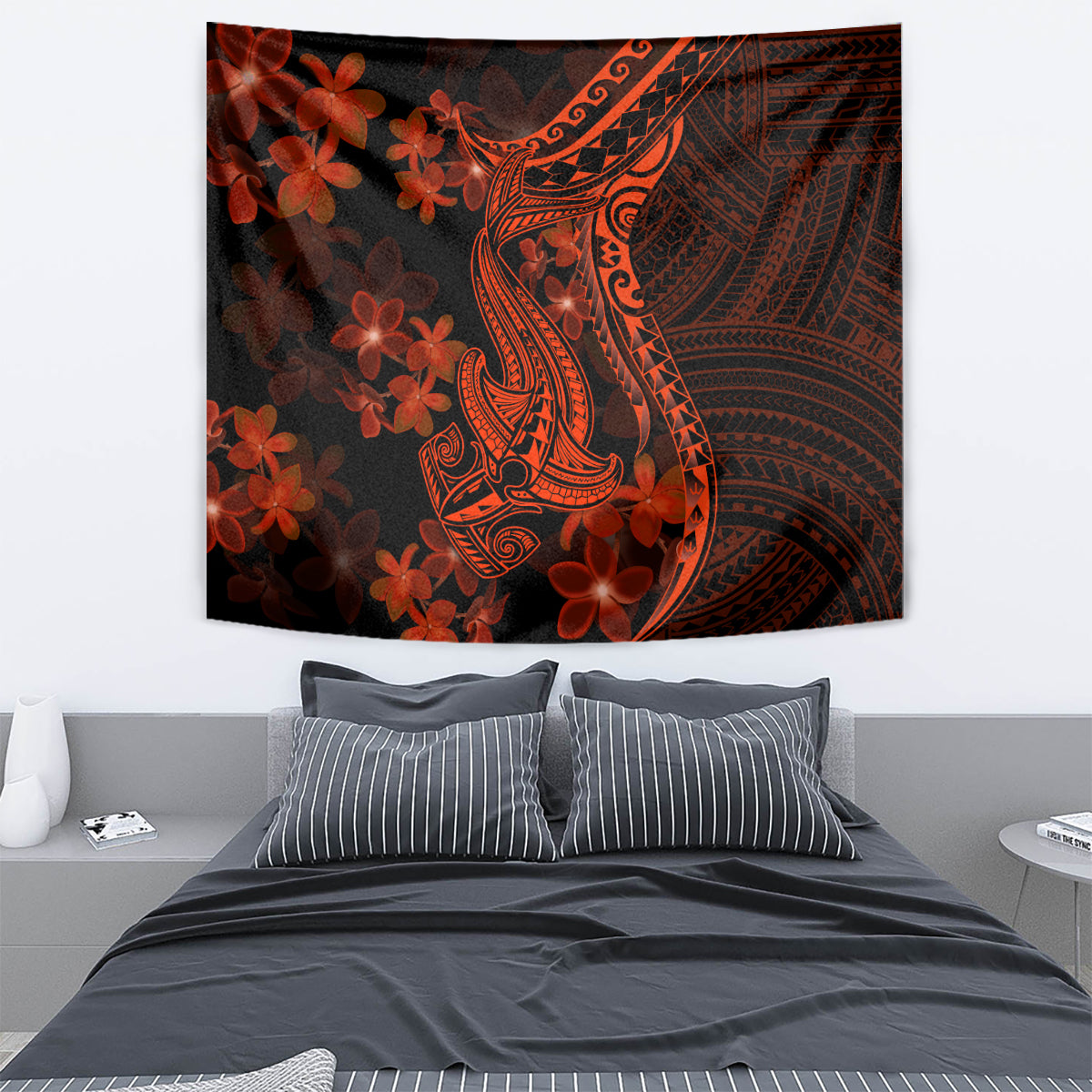 Red Polynesia Tapestry Shark Tattoo With Polynesian Plumeria LT14 - Polynesian Pride