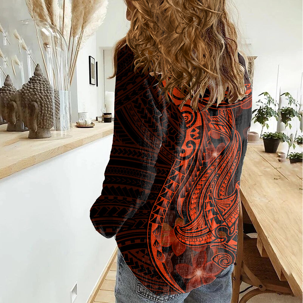 Red Polynesia Women Casual Shirt Shark Tattoo With Polynesian Plumeria LT14 - Polynesian Pride