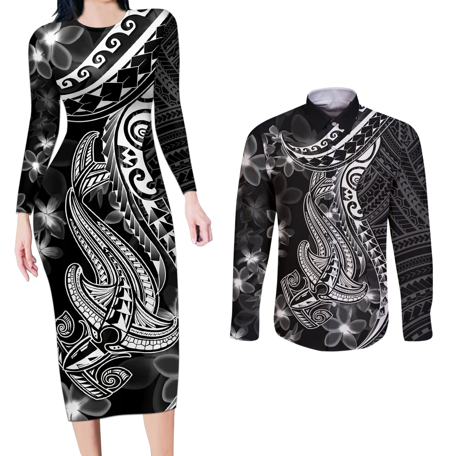 Black Polynesia Couples Matching Long Sleeve Bodycon Dress and Long Sleeve Button Shirt Shark Tattoo With Polynesian Plumeria LT14 Black - Polynesian Pride