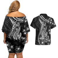 Black Polynesia Couples Matching Off Shoulder Short Dress and Hawaiian Shirt Shark Tattoo With Polynesian Plumeria LT14 - Polynesian Pride