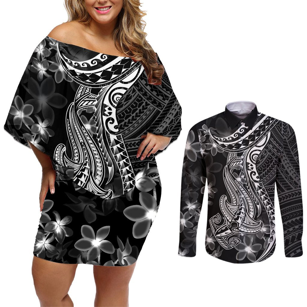 Black Polynesia Couples Matching Off Shoulder Short Dress and Long Sleeve Button Shirt Shark Tattoo With Polynesian Plumeria LT14 Black - Polynesian Pride