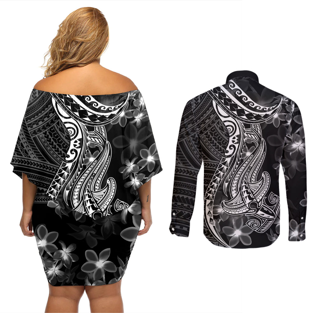 Black Polynesia Couples Matching Off Shoulder Short Dress and Long Sleeve Button Shirt Shark Tattoo With Polynesian Plumeria LT14 - Polynesian Pride