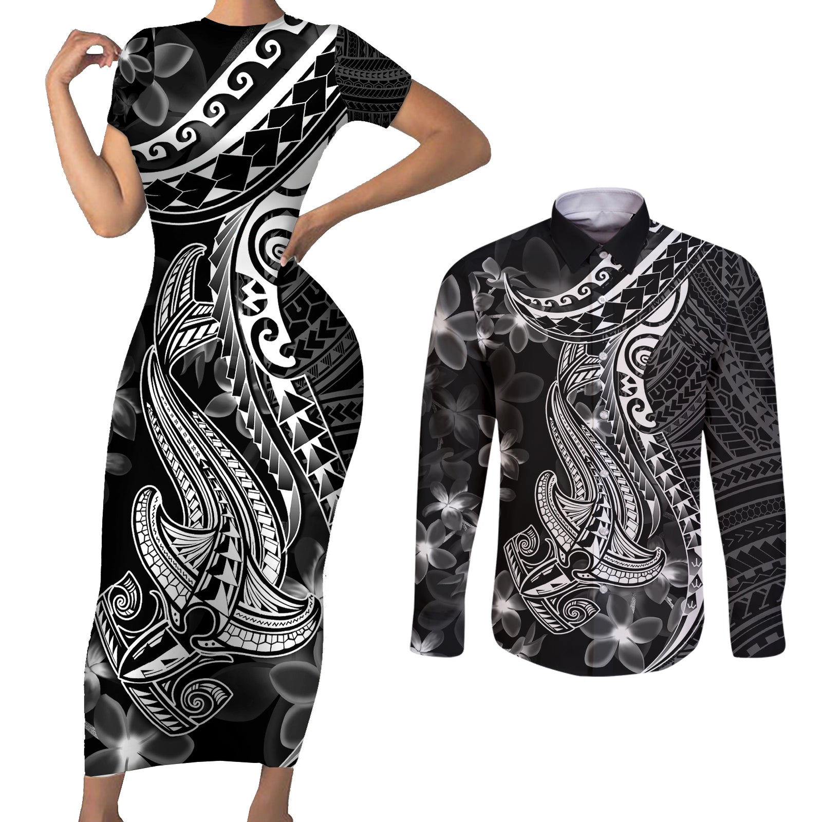 Black Polynesia Couples Matching Short Sleeve Bodycon Dress and Long Sleeve Button Shirt Shark Tattoo With Polynesian Plumeria LT14 Black - Polynesian Pride