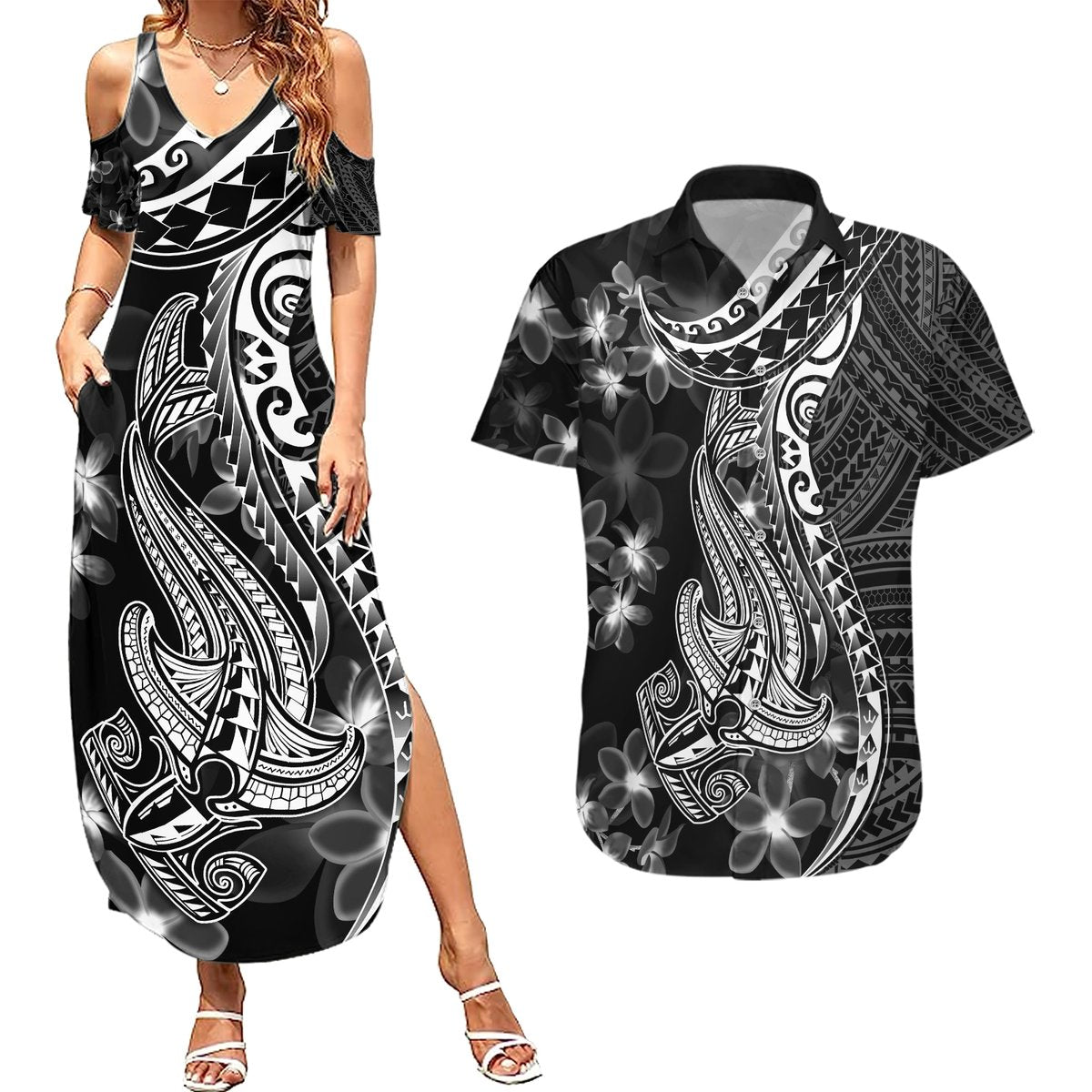 Black Polynesia Couples Matching Summer Maxi Dress and Hawaiian Shirt Shark Tattoo With Polynesian Plumeria LT14 Black - Polynesian Pride