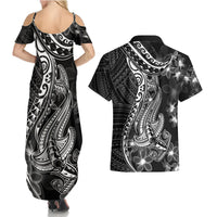Black Polynesia Couples Matching Summer Maxi Dress and Hawaiian Shirt Shark Tattoo With Polynesian Plumeria LT14 - Polynesian Pride