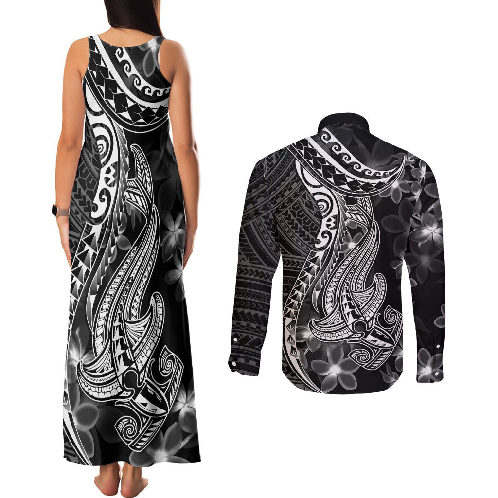 Black Polynesia Couples Matching Tank Maxi Dress and Long Sleeve Button Shirt Shark Tattoo With Polynesian Plumeria LT14 - Polynesian Pride