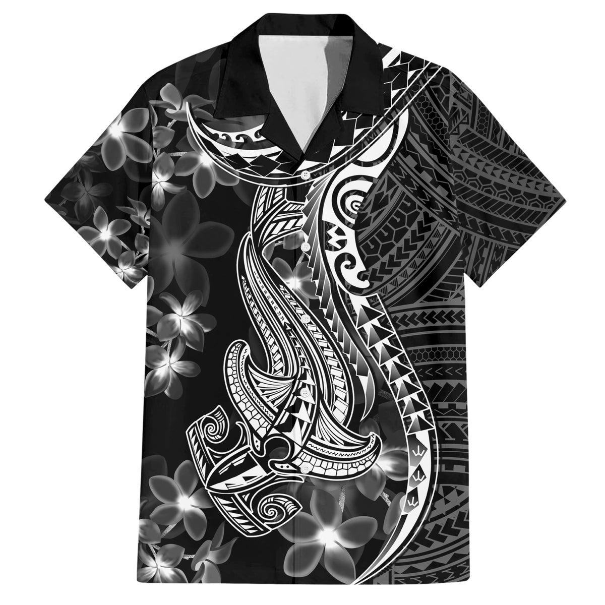 Black Polynesia Family Matching Short Sleeve Bodycon Dress and Hawaiian Shirt Shark Tattoo With Polynesian Plumeria LT14 Dad's Shirt - Short Sleeve Black - Polynesian Pride