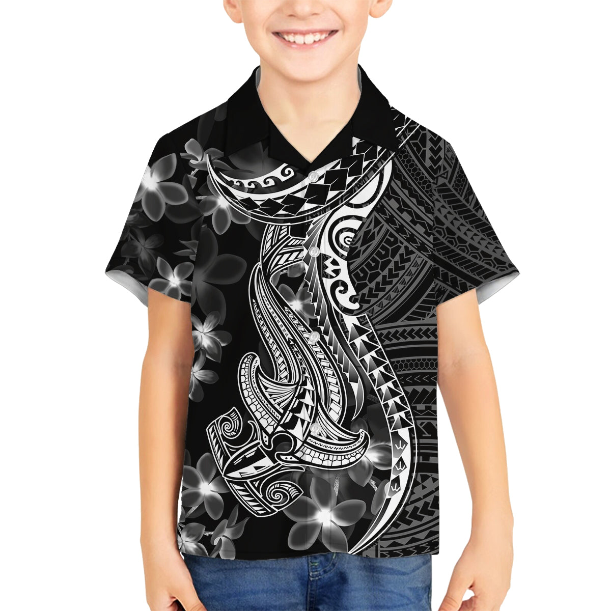 Black Polynesia Family Matching Tank Maxi Dress and Hawaiian Shirt Shark Tattoo With Polynesian Plumeria LT14 Son's Shirt Black - Polynesian Pride