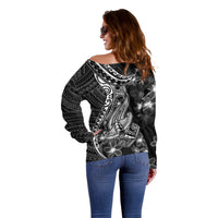 Black Polynesia Off Shoulder Sweater Shark Tattoo With Polynesian Plumeria LT14 - Polynesian Pride