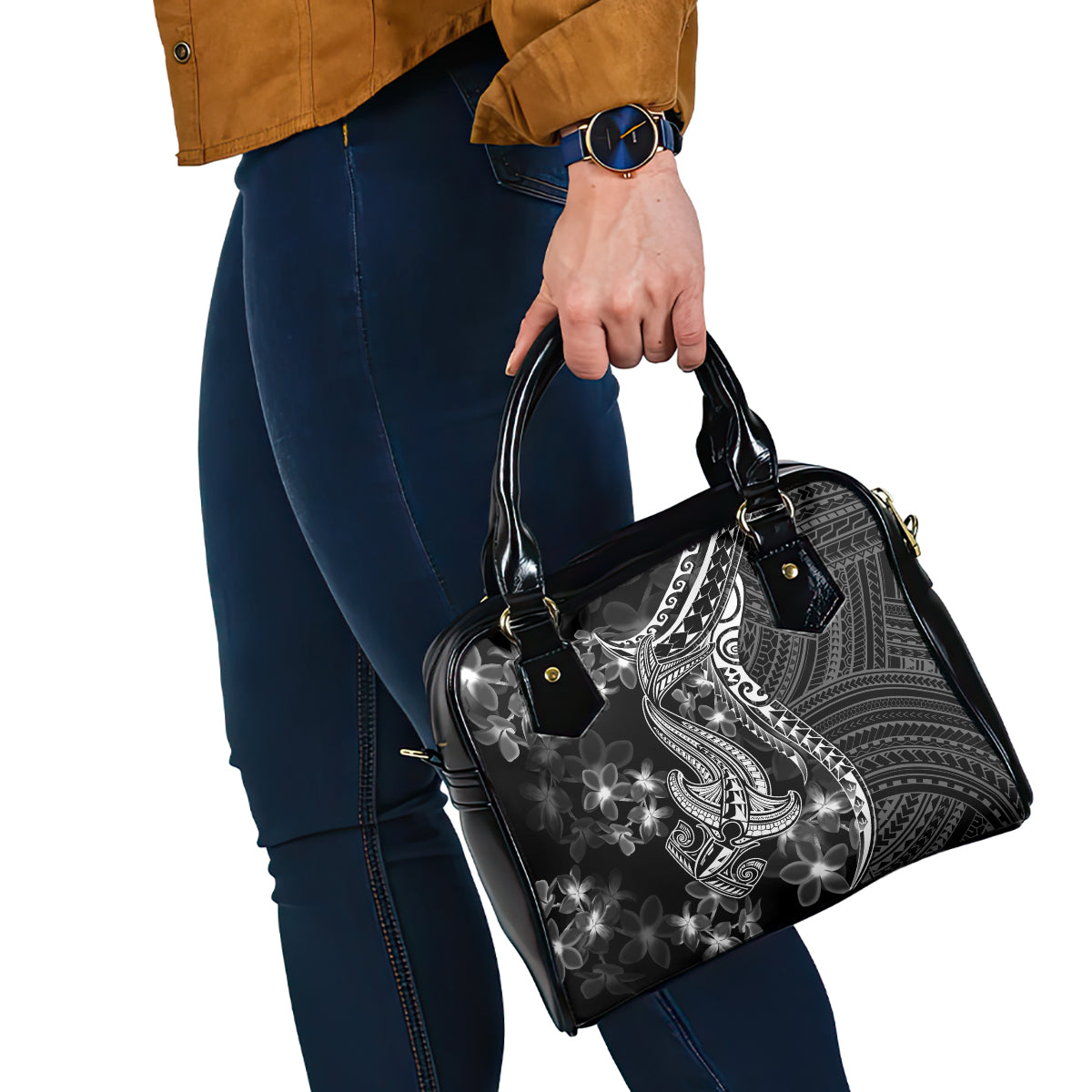 Black Polynesia Shoulder Handbag Shark Tattoo With Polynesian Plumeria LT14 - Polynesian Pride