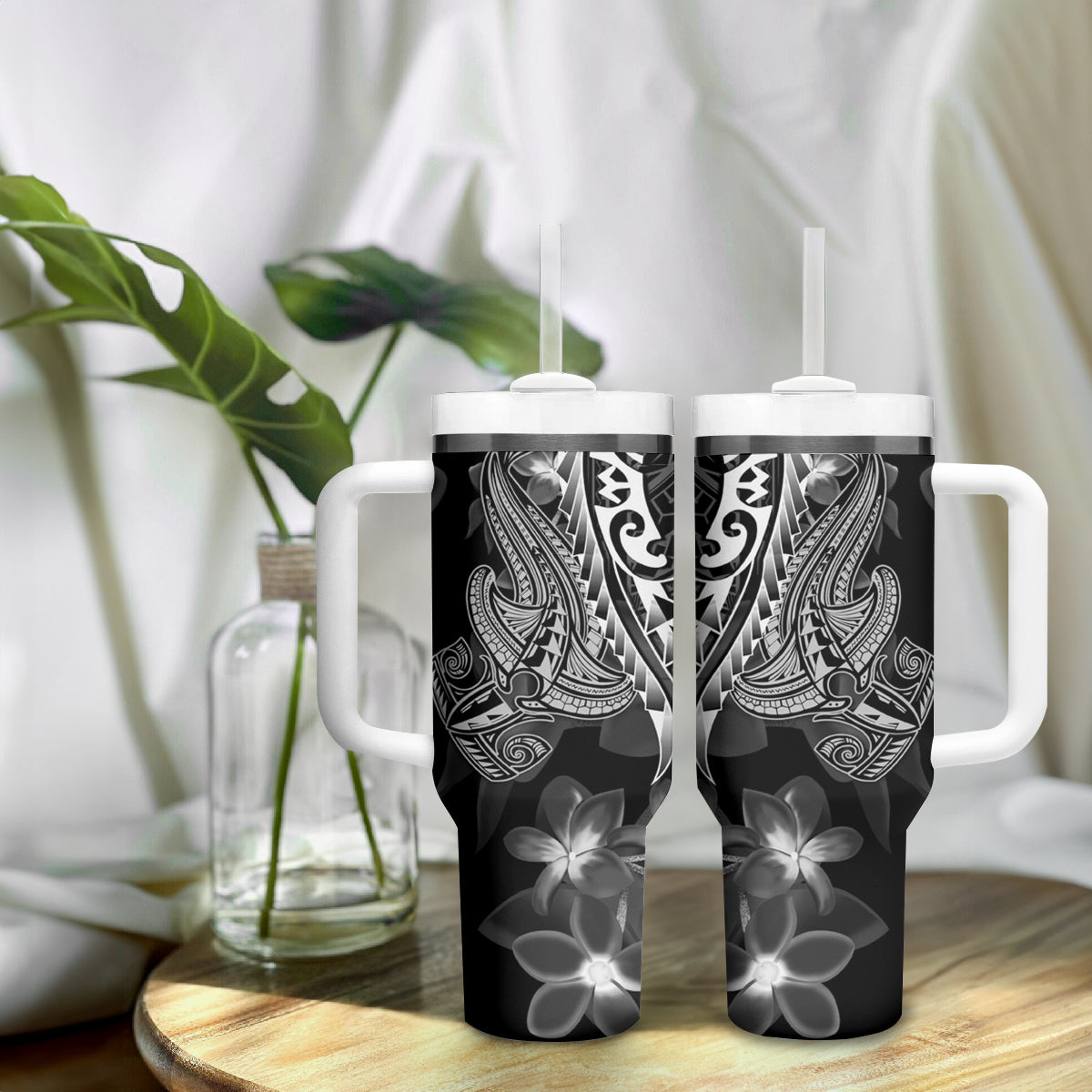 Black Polynesia Tumbler With Handle Shark Tattoo With Polynesian Plumeria LT14 - Polynesian Pride
