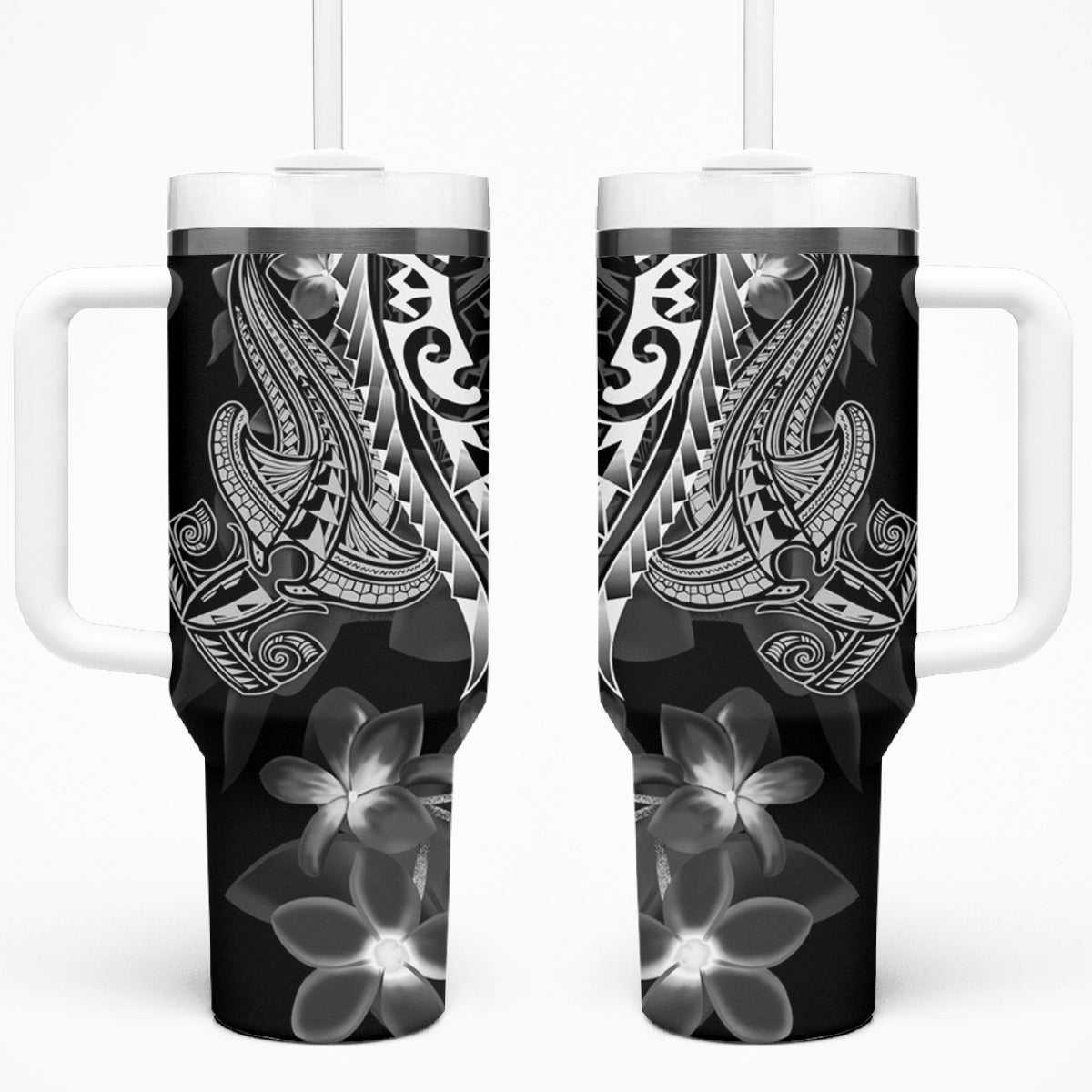 Black Polynesia Tumbler With Handle Shark Tattoo With Polynesian Plumeria LT14 One Size: 40 oz Black - Polynesian Pride