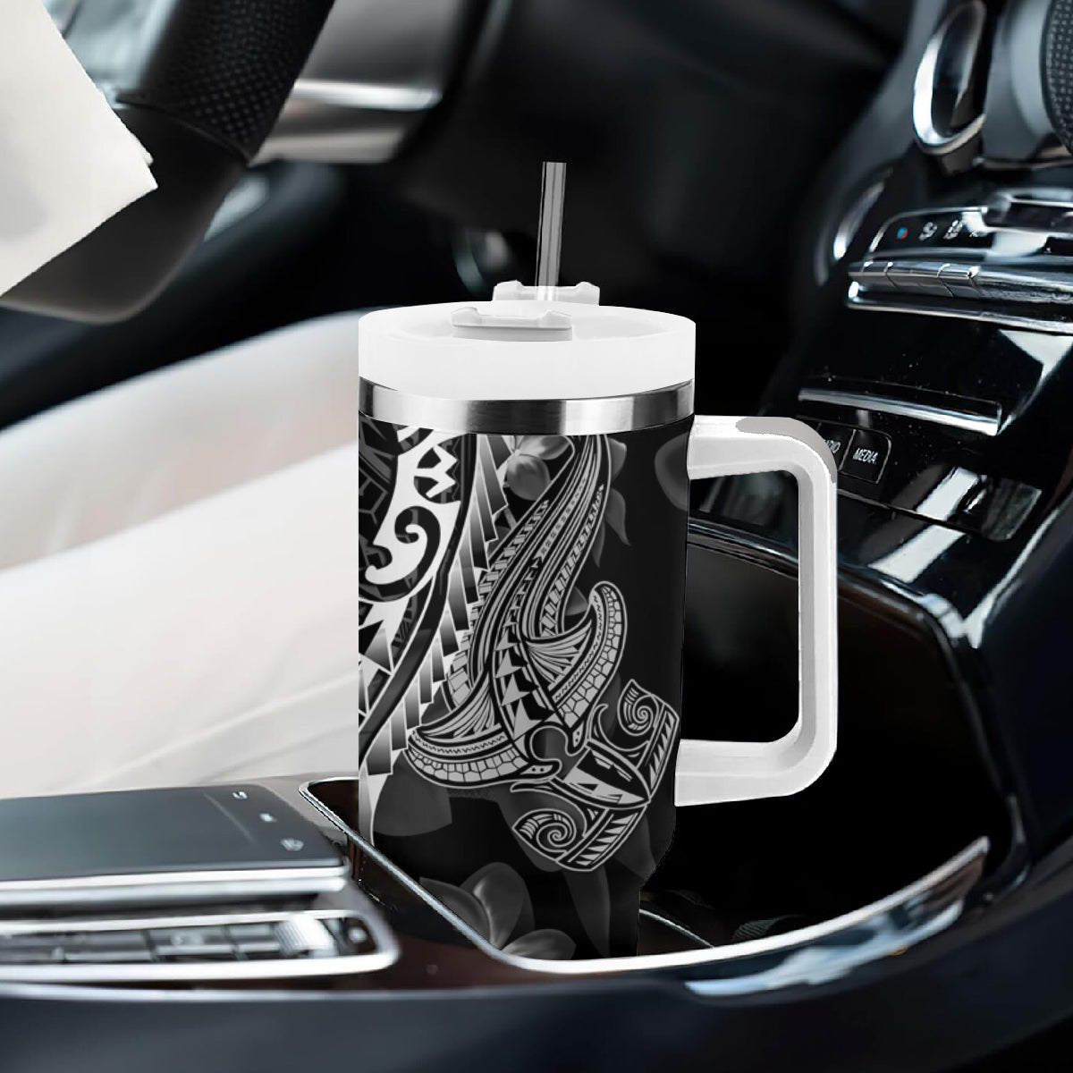 Black Polynesia Tumbler With Handle Shark Tattoo With Polynesian Plumeria LT14 - Polynesian Pride