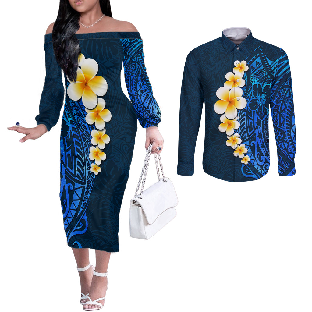 Blue Polynesia Couples Matching Off The Shoulder Long Sleeve Dress and Long Sleeve Button Shirt Plumeria Tropical Leaves With Galaxy Polynesian Art LT14 Blue - Polynesian Pride