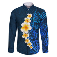 Blue Polynesia Family Matching Tank Maxi Dress and Hawaiian Shirt Plumeria Tropical Leaves With Galaxy Polynesian Art LT14 Dad's Shirt - Long Sleeve Blue - Polynesian Pride