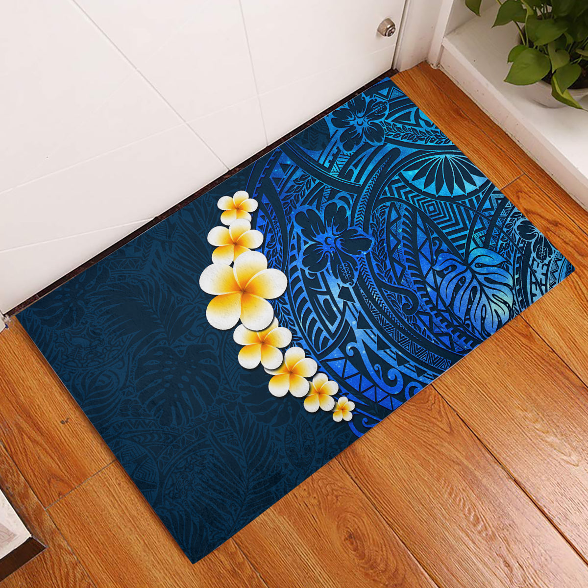 Blue Polynesia Rubber Doormat Plumeria Tropical Leaves With Galaxy Polynesian Art LT14 Blue - Polynesian Pride