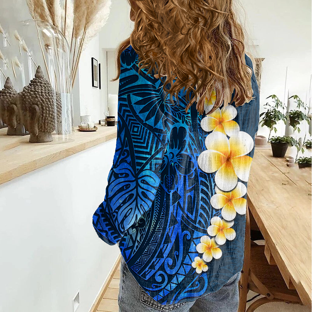 Blue Polynesia Women Casual Shirt Plumeria Tropical Leaves With Galaxy Polynesian Art LT14 - Polynesian Pride