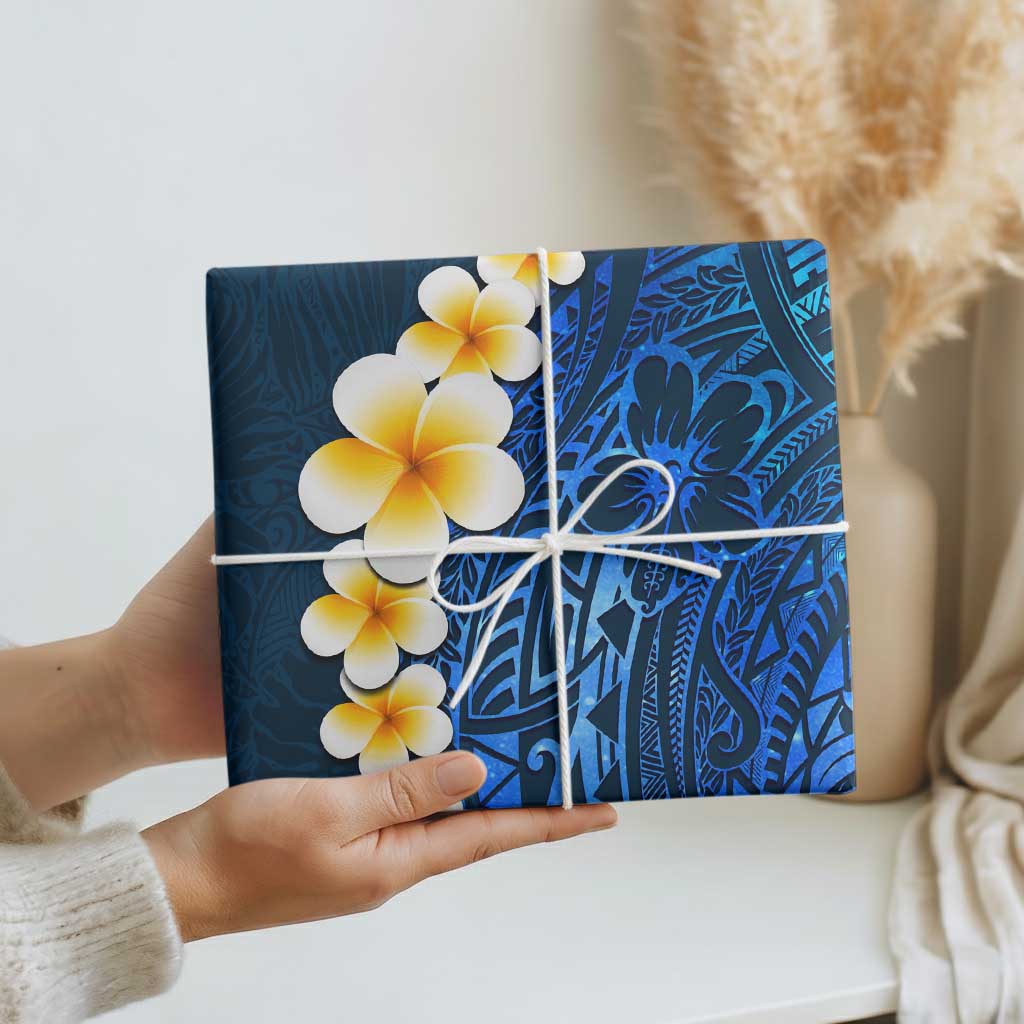 Blue Polynesia Wrapping Paper Plumeria Tropical Leaves With Galaxy Polynesian Art