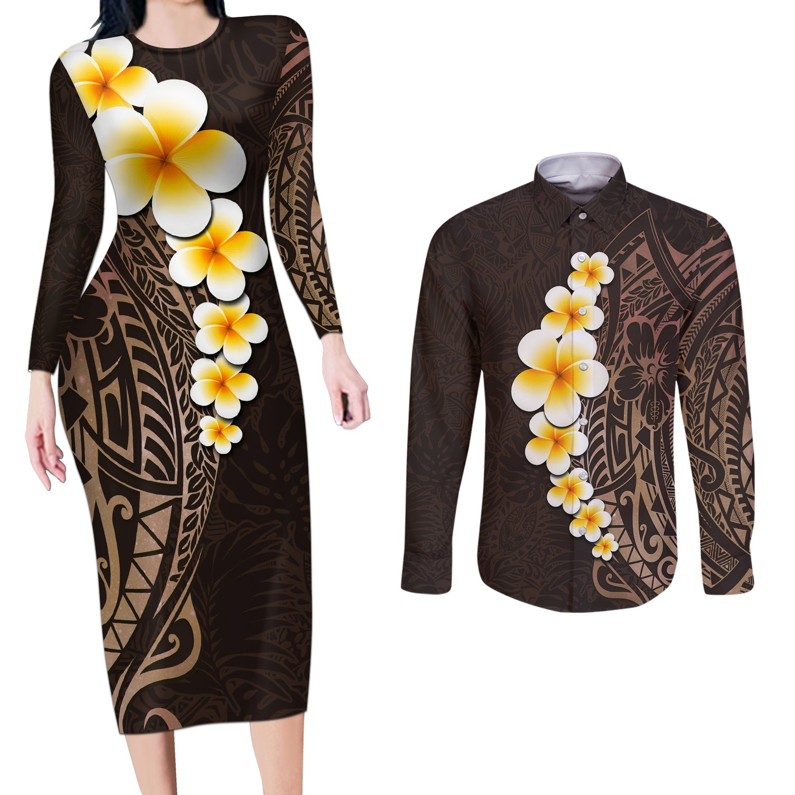 Brown Polynesia Couples Matching Long Sleeve Bodycon Dress and Long Sleeve Button Shirt Plumeria Tropical Leaves With Galaxy Polynesian Art LT14 Brown - Polynesian Pride