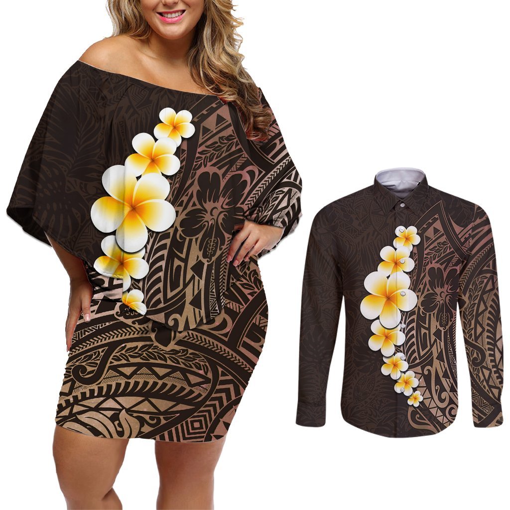 Brown Polynesia Couples Matching Off Shoulder Short Dress and Long Sleeve Button Shirt Plumeria Tropical Leaves With Galaxy Polynesian Art LT14 Brown - Polynesian Pride
