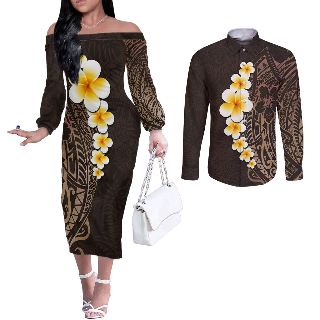 Brown Polynesia Couples Matching Off The Shoulder Long Sleeve Dress and Long Sleeve Button Shirt Plumeria Tropical Leaves With Galaxy Polynesian Art LT14 Brown - Polynesian Pride